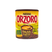 Face avant de la boîte Nestlé Orzoro Orzo e Caffè Solubile Gusto Intenso 120g avec un design jaune et une tasse de boisson.