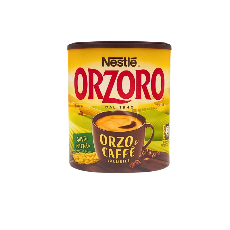Face avant de la boîte Nestlé Orzoro Orzo e Caffè Solubile Gusto Intenso 120g avec un design jaune et une tasse de boisson.