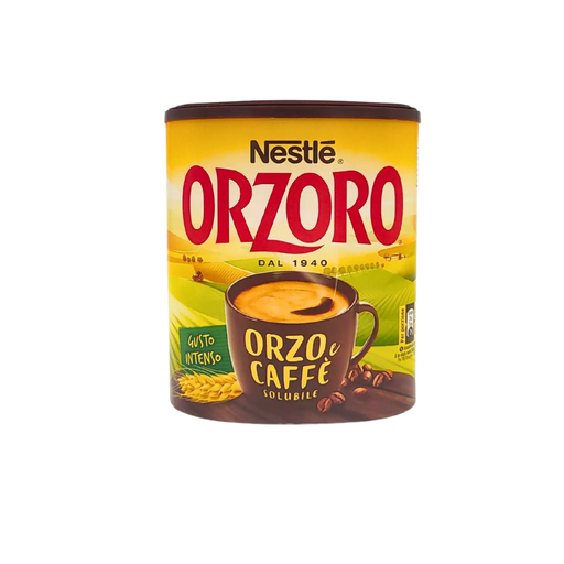 Face avant de la boîte Nestlé Orzoro Orzo e Caffè Solubile Gusto Intenso 120g avec un design jaune et une tasse de boisson.
