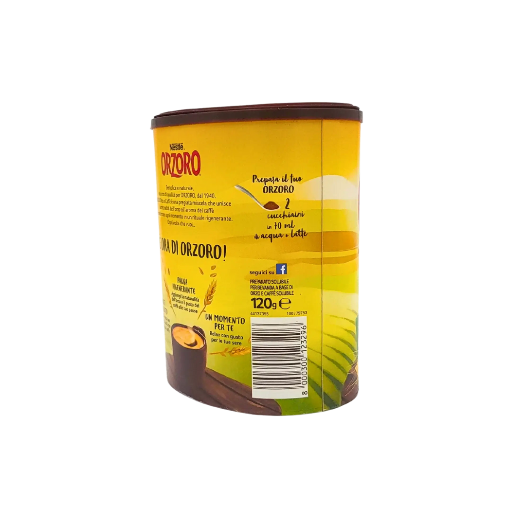 Nestlé Orzoro 120g lösliches Gerstenkaffee-Paket, Mischung aus Süße und Intensität, seitliche Rückansicht der Verpackung.
