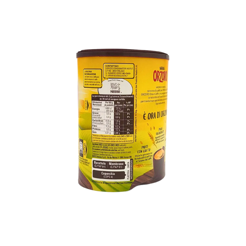 Verpackung des löslichen Gerstenkaffees Nestlé Orzoro Orzo e Caffè 120g mit Nährwertinformationen und ansprechendem Design.