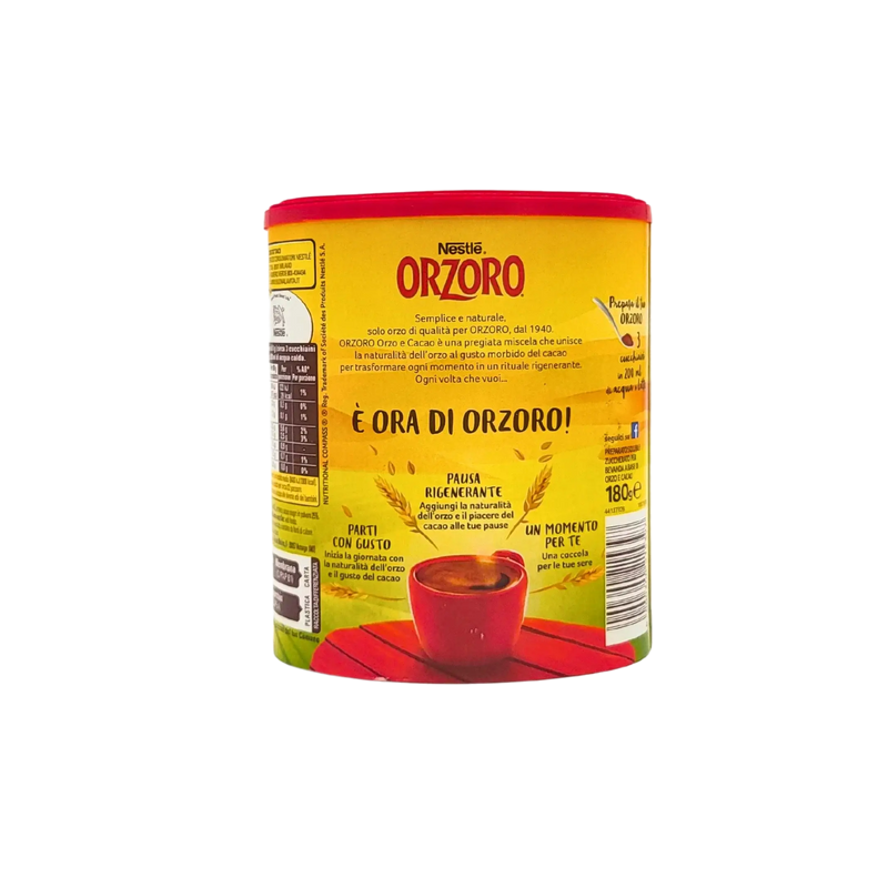 Face arrière du Nestlé Orzoro soluble goût cacao doux - 180g.