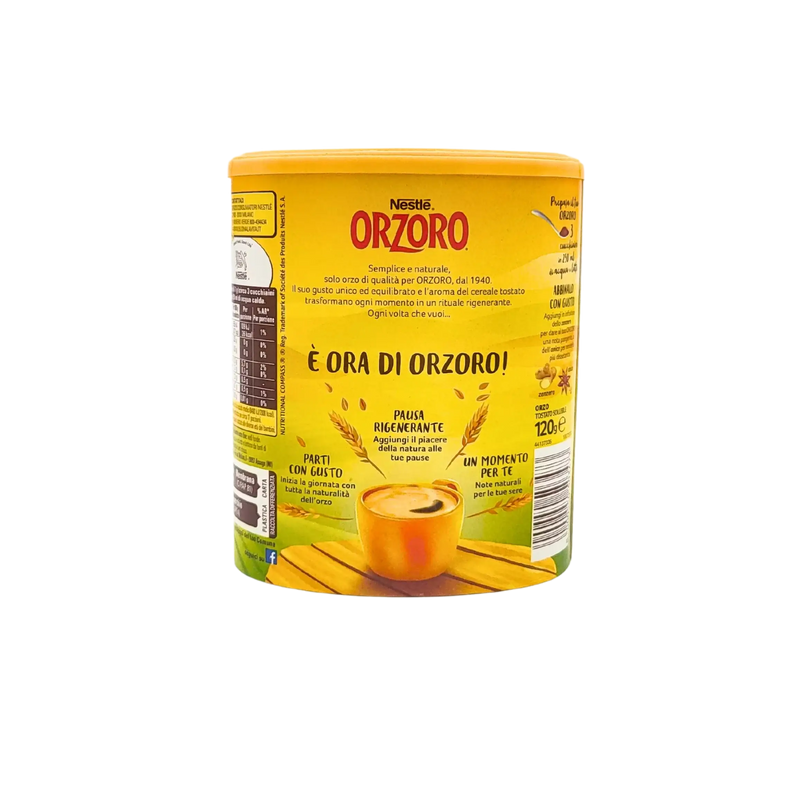 Vue arrière du produit Nestlé Orzoro soluble 100% naturel, montrant les informations générales et publicitaires.