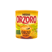 Vue avant du produit Nestlé Orzoro soluble 100% naturel, avec un design jaune et une tasse illustrée.