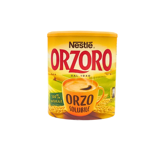 Vue avant du produit Nestlé Orzoro soluble 100% naturel, avec un design jaune et une tasse illustrée.