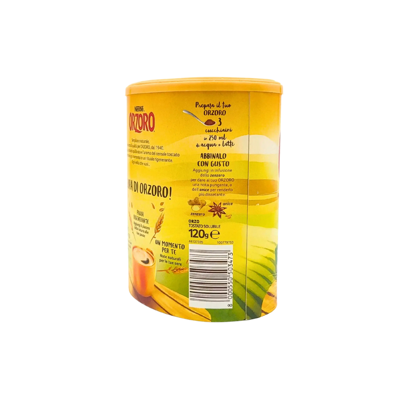 Vue latérale du produit Nestlé Orzoro soluble 100% naturel, avec les instructions de préparation.