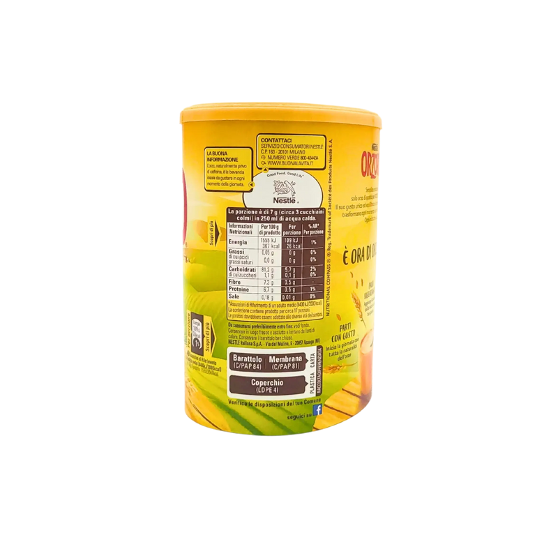 Vue nutritionnelle du produit Nestlé Orzoro soluble 100% naturel, affichant les valeurs nutritionnelles et les informations recyclage.