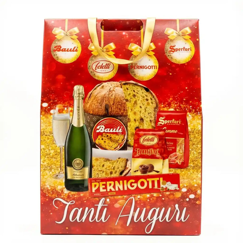Geschenkkorb Italien Bauli Tanti Auguri mit Pandoro, Prosecco und Pernigotti-Pralinen