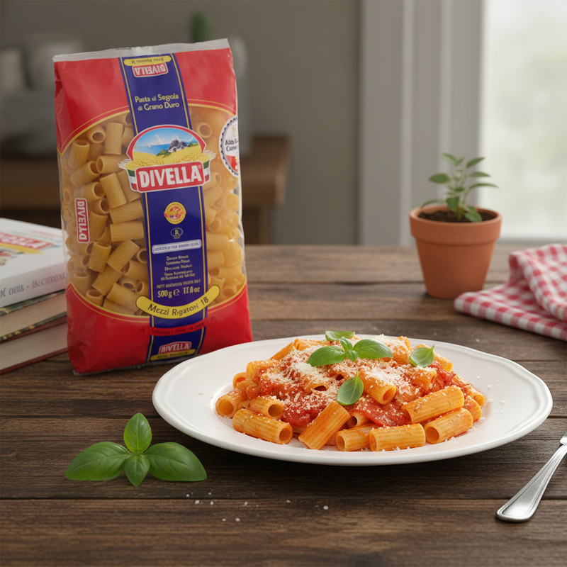 Mezzi Rigatoni Divella – Format N°18 (500 g) - en situation d'usage