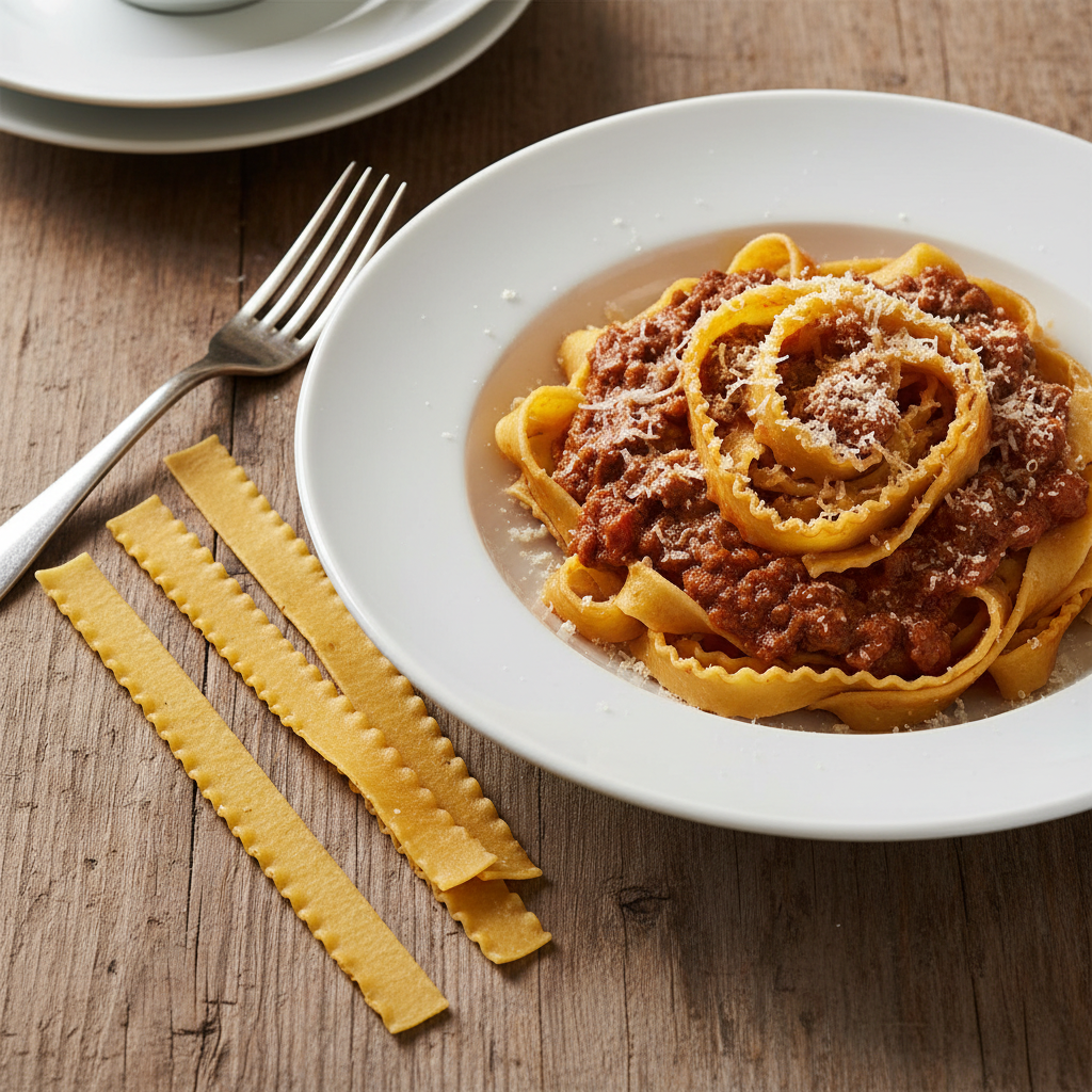 Fettuccine Ricce La Molisana – Pâtes longues (500 g) – mise en scène générée par IA à partir de la photo du produit
