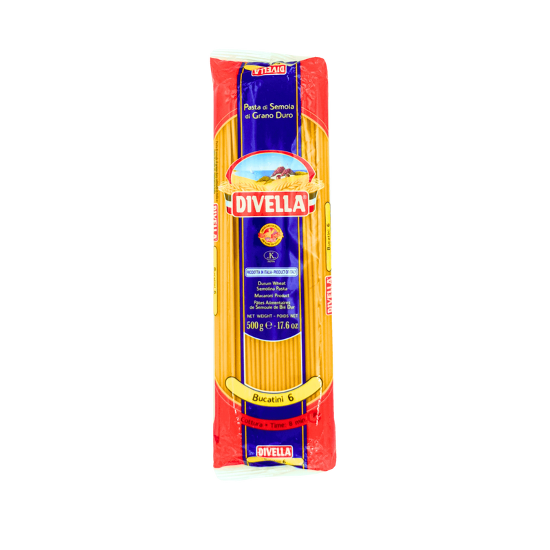 Pâtes longues Bucatini n°6 Divella 500g – Authentiques pâtes italiennes de semoule de blé dur, idéales pour la cuisine traditionnelle.
