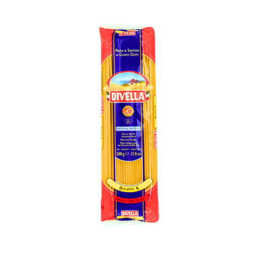 Pâtes longues Bucatini n°6 Divella 500g – Authentiques pâtes italiennes de semoule de blé dur, idéales pour la cuisine traditionnelle.