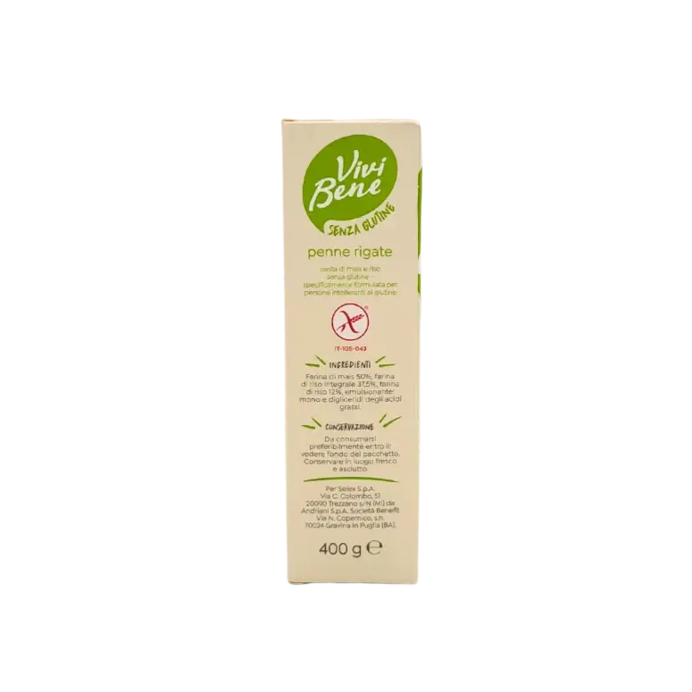 Liste des ingrédients et informations de conservation du produit penne rigate sans gluten Vivi Bene 400g.
