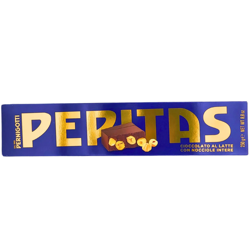Vue avant de la tablette Peritas Pernigotti au chocolat au lait avec des noisettes entières, 250g.