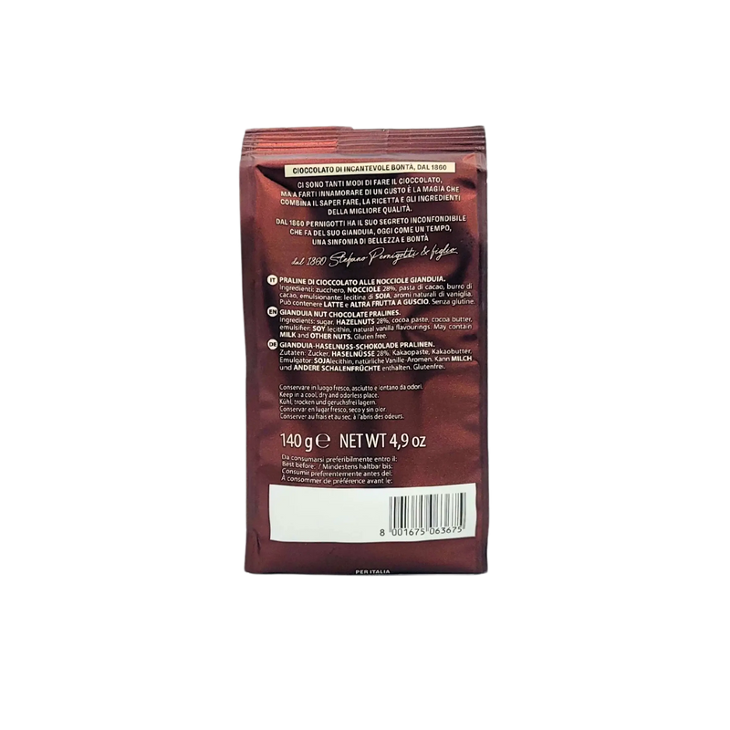 Dos du sachet de Gianduiotto Pernigotti 140g avec détails de fabrication et code-barres.