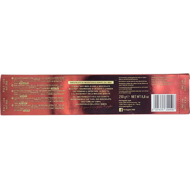 Tablette Pernigotti Nocciolato Nero 250g - Vue arrière avec informations nutritionnelles et ingrédients. Chocolat noir italien haut de gamme.
