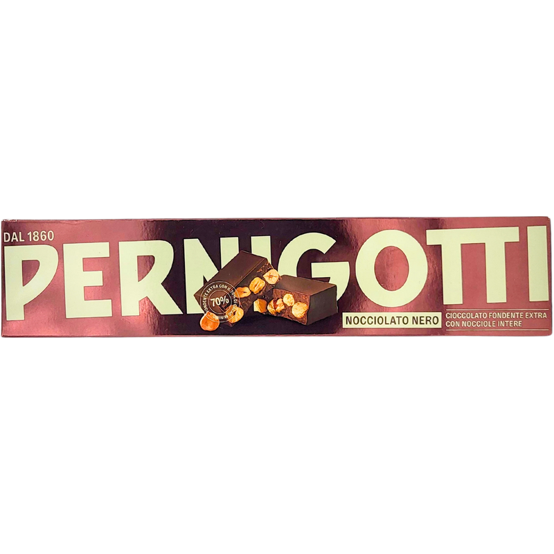 Tablette de chocolat noir Pernigotti avec des noisettes entières 250g - Face avant. Délicieux chocolat italien parfait pour les amateurs de saveurs intenses.