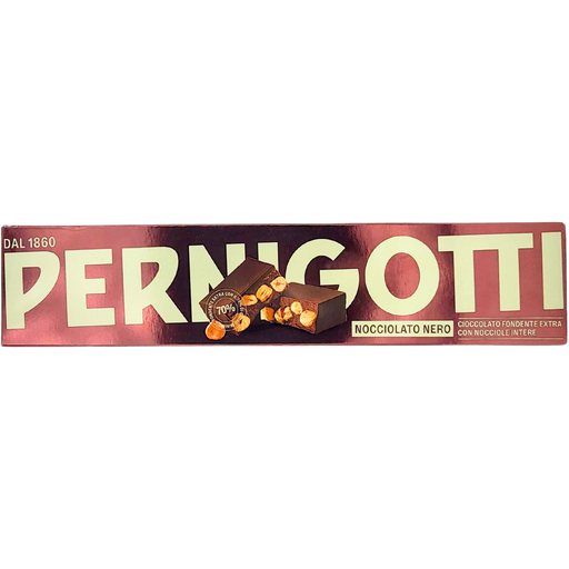 Tablette de chocolat noir Pernigotti avec des noisettes entières 250g - Face avant. Délicieux chocolat italien parfait pour les amateurs de saveurs intenses.