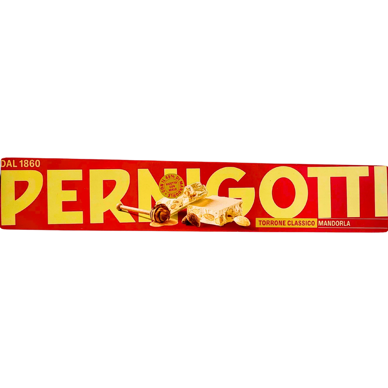 Face avant de la boîte de torrone classique aux amandes Pernigotti, 225g, au design rouge et doré avec une illustration du nougat et des amandes.