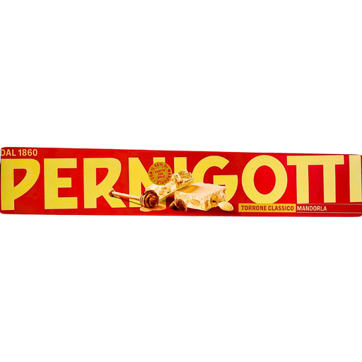 Face avant de la boîte de torrone classique aux amandes Pernigotti, 225g, au design rouge et doré avec une illustration du nougat et des amandes.