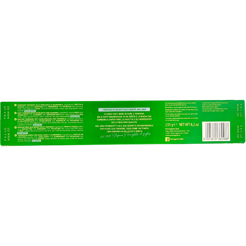 Face arrière de la boîte de torrone morbido aux noisettes et amandes Pernigotti, format 235g, avec informations nutritionnelles et ingrédients.