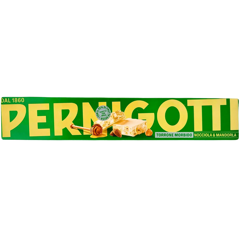Face avant de la boîte de torrone morbido aux noisettes et amandes Pernigotti, 235g, dans un design vert vif avec une image de torrone et des noisettes.