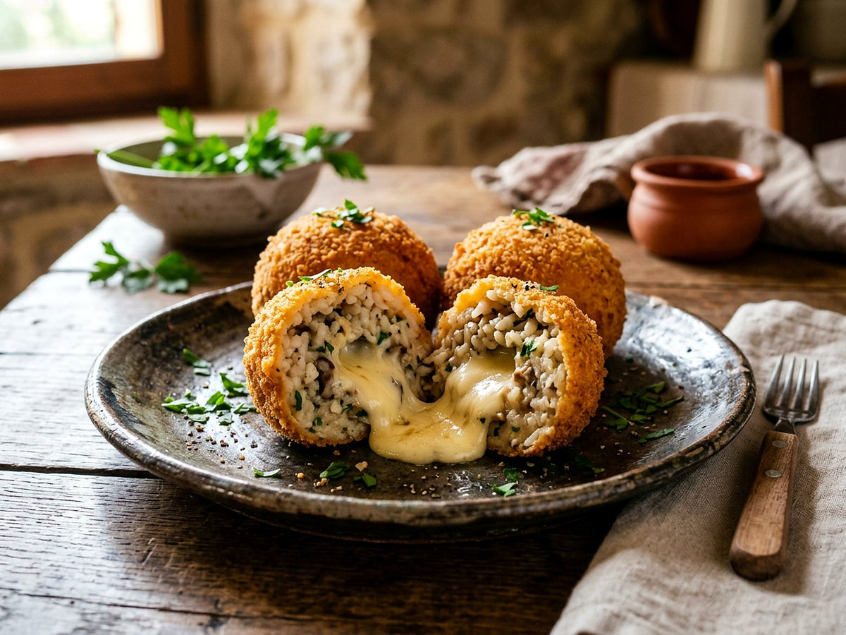 Arancini aux cèpes et cœur de scamorza fumée