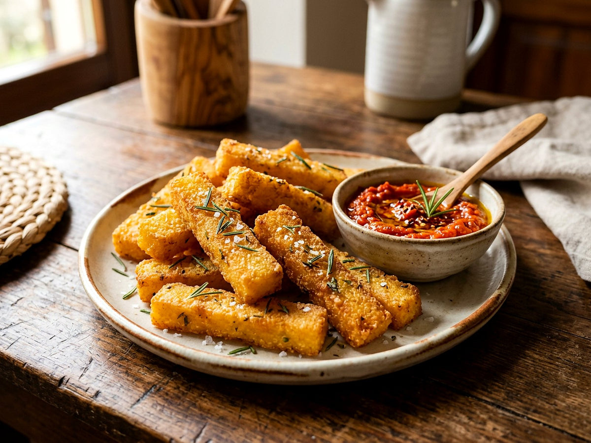 Bâtonnets de polenta frite au romarin, crème de poivrons piquante