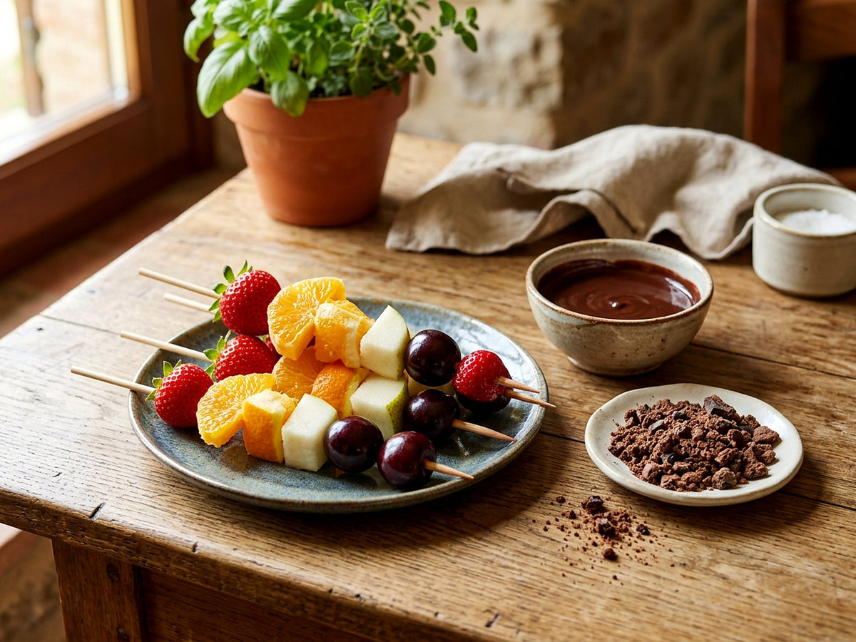 Brochettes de fruits, sauce chaude au cacao et biscuits concassés