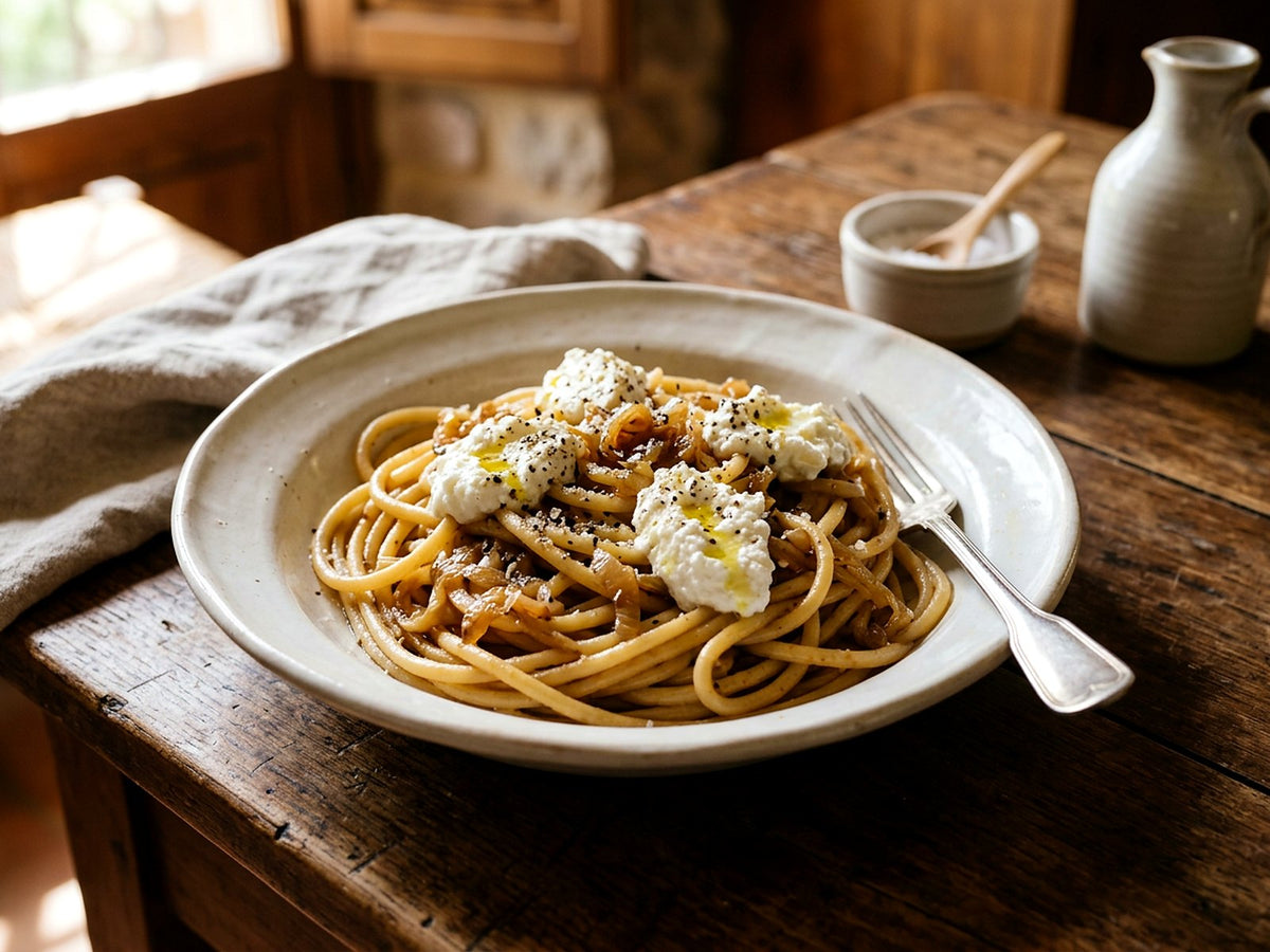 Bucatini aux oignons fondants, vinaigre balsamique et ricotta