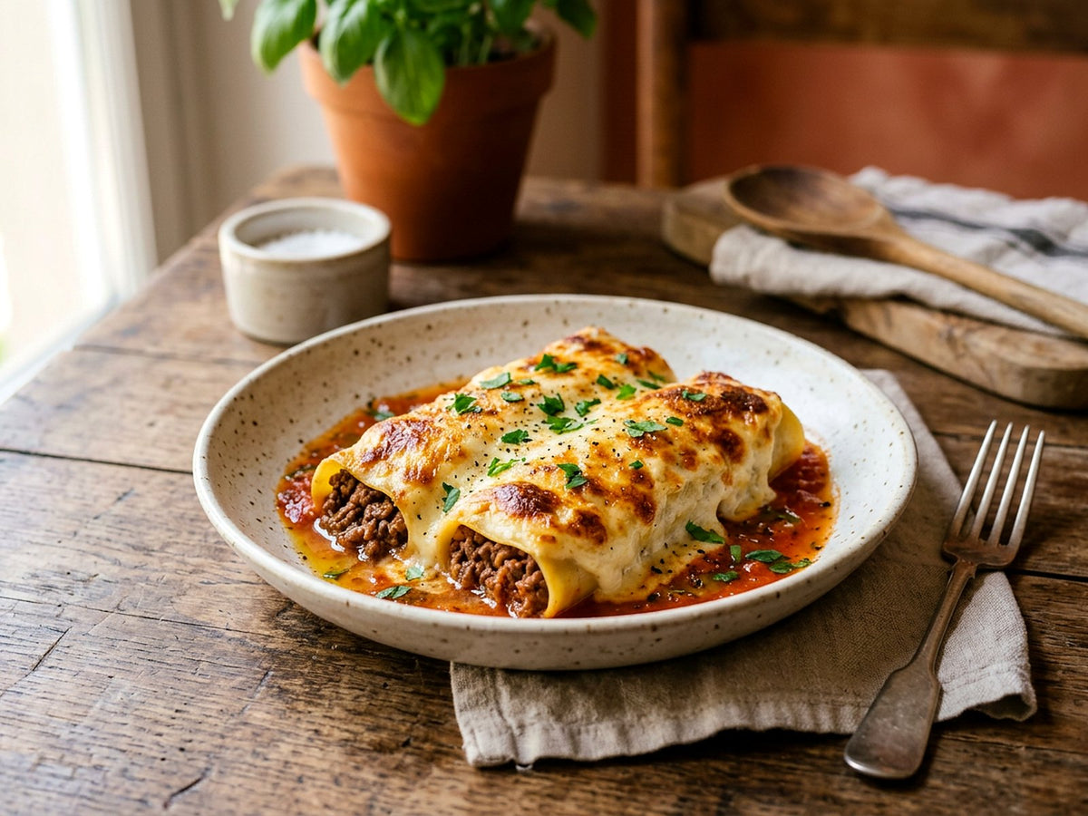 Cannelloni à la viande, sauce tomate et béchamel