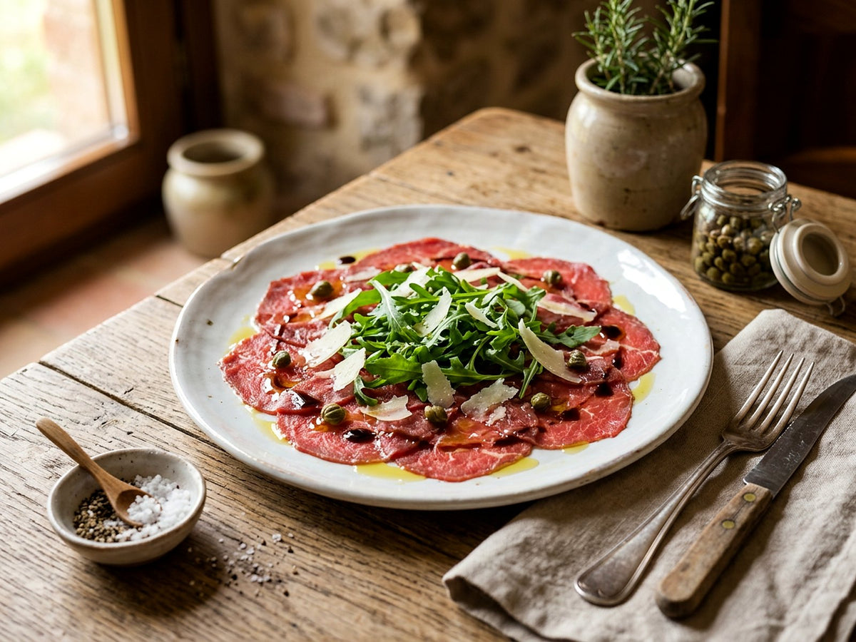 Carpaccio de bœuf, roquette, parmesan et câpres