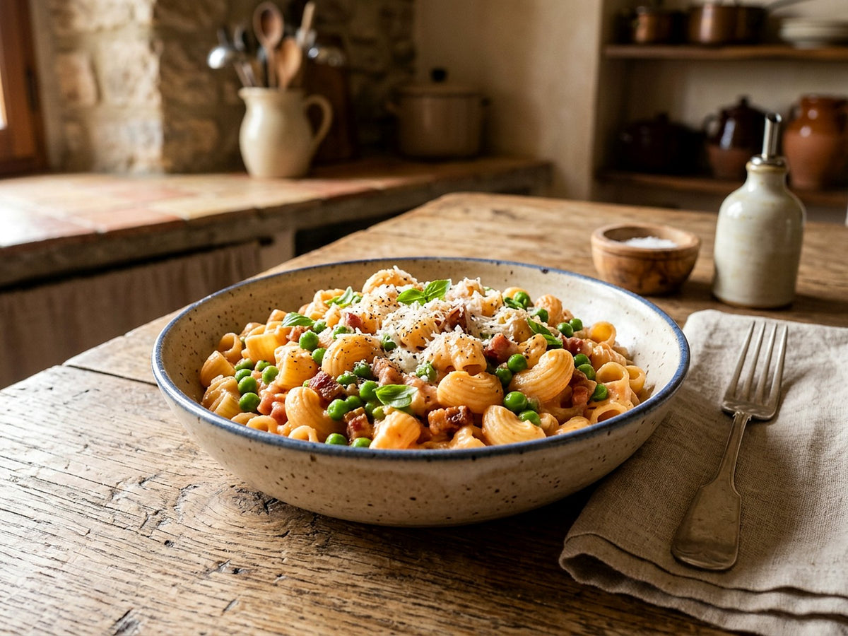 Chifferini aux petits pois et à la pancetta