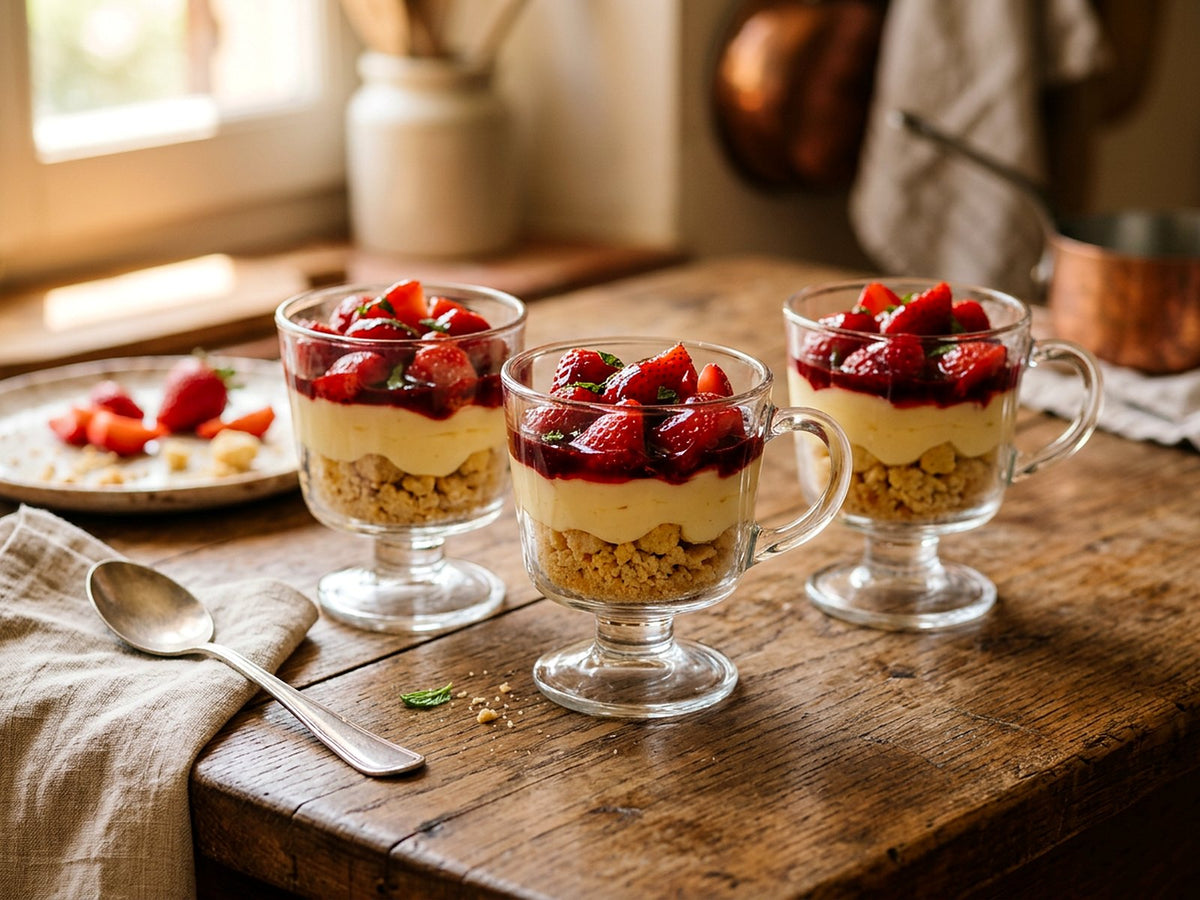 Coupes de crème pâtissière au citron, fraises et biscuits