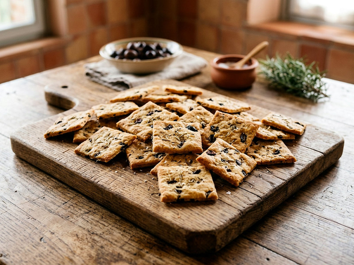 Crackers de pois chiches aux olives taggiasche et au romarin