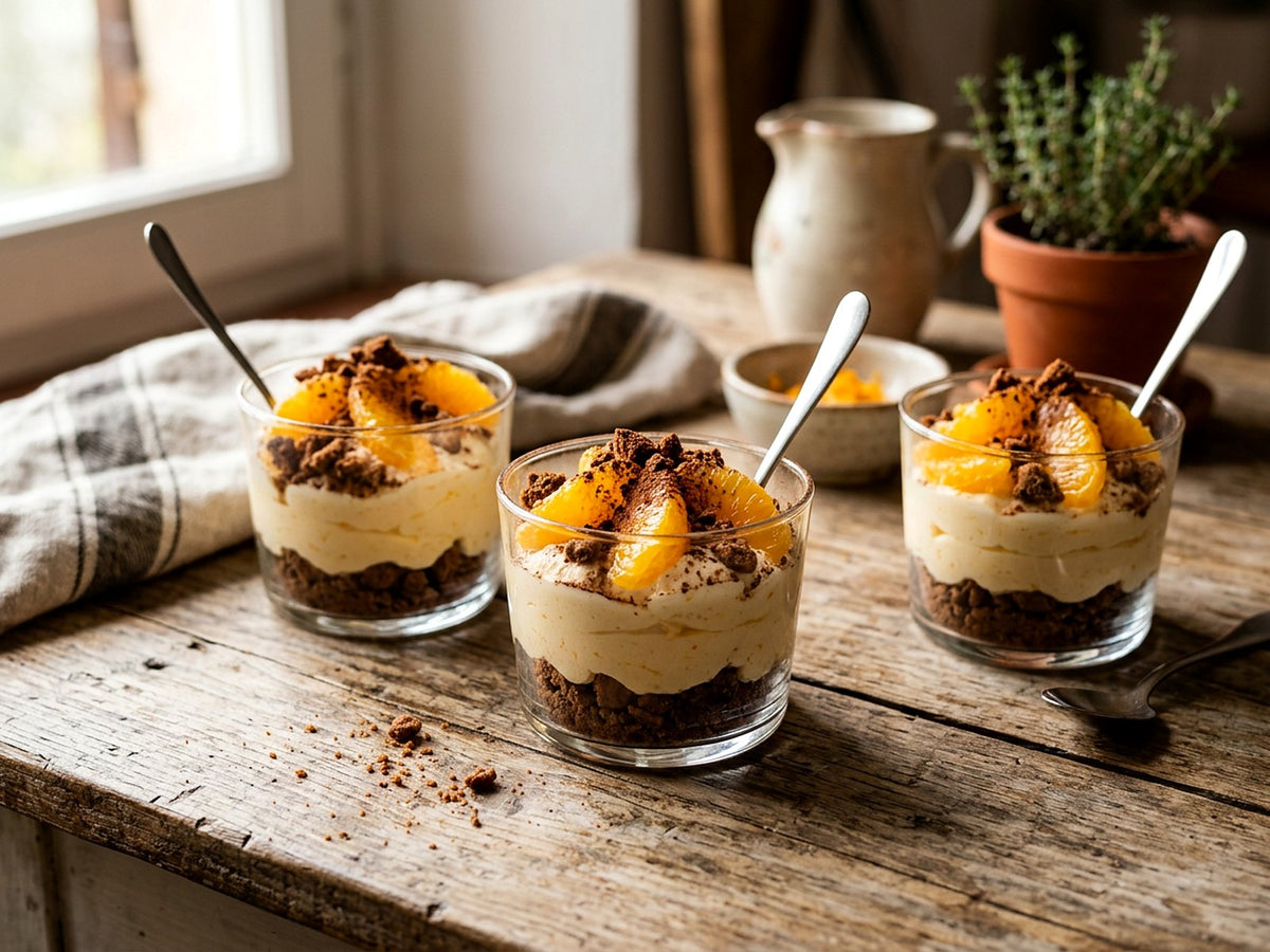 Crème de mascarpone à l'orange, biscuits au cacao