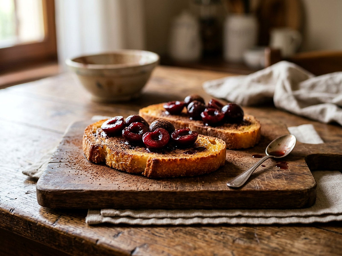 Crostini dorés à l'huile d'olive, sucre, cacao et amarena