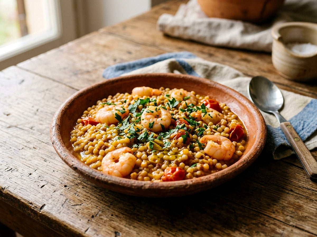 Fregola sarde aux crevettes et au safran