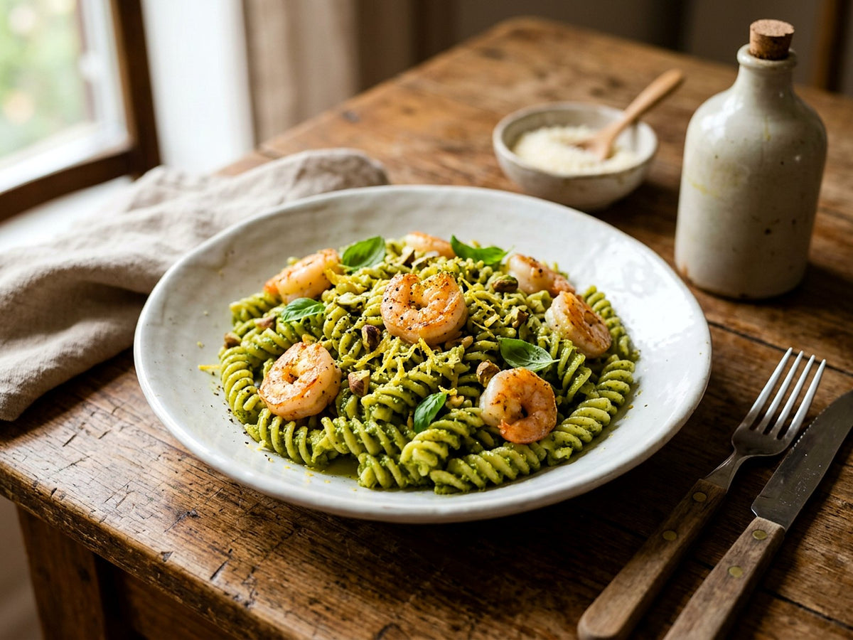 Fusilli au pesto de pistache et crevettes