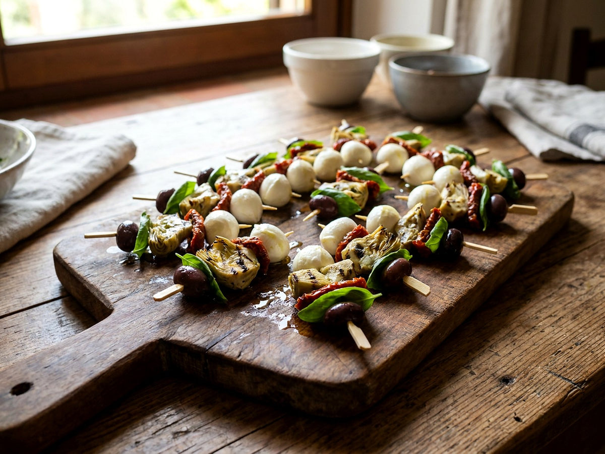 Brochettes de mozzarella, artichauts grillés et tomates séchées