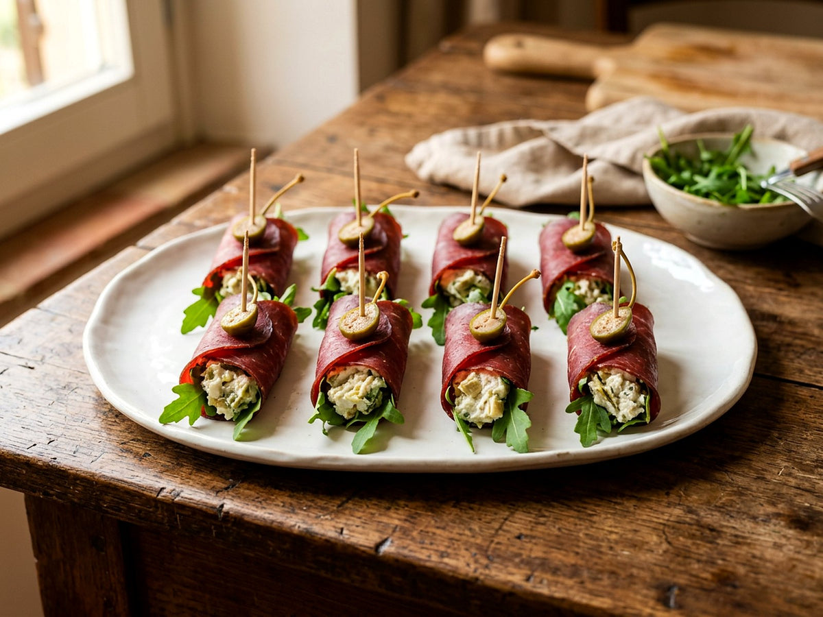 Involtini de bresaola à la ricotta, crème d'artichauts et roquette