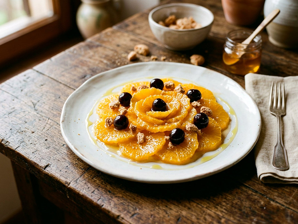 Oranges au miel et à l'huile d'olive, amarena et amaretti