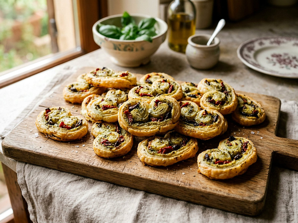 Palmiers feuilletés au pesto, tomates séchées et olives