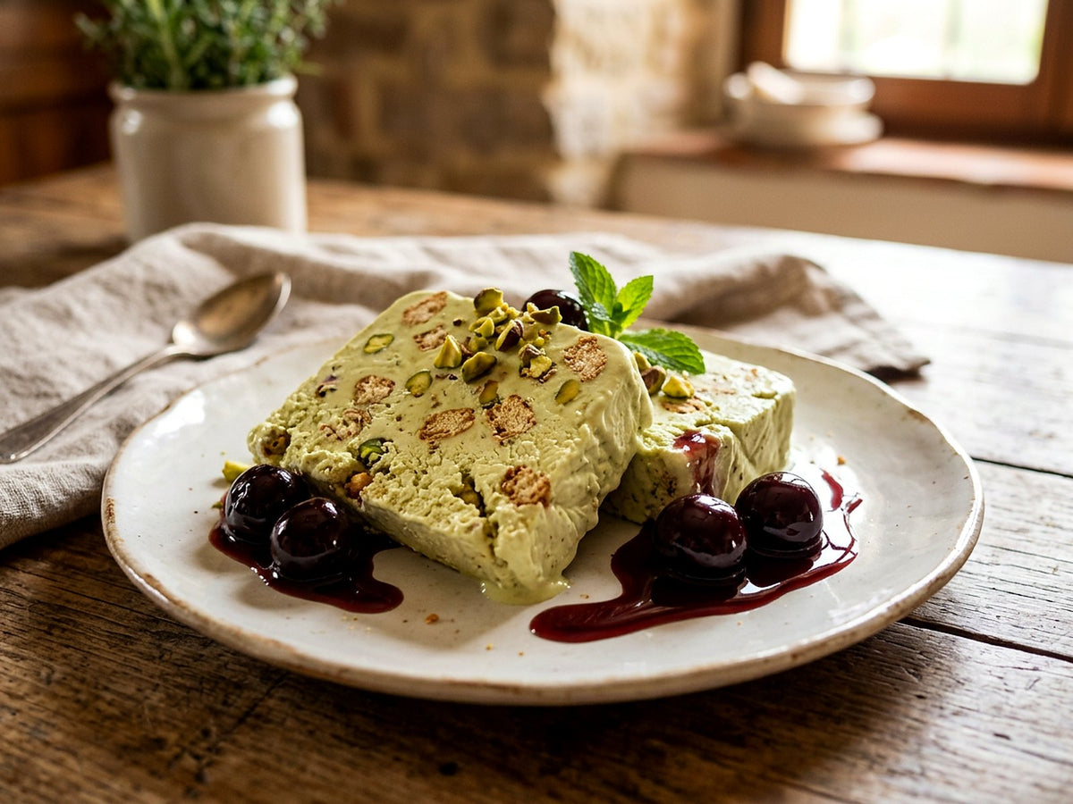 Semifreddo à la pistache, cantuccini et cerises amarena