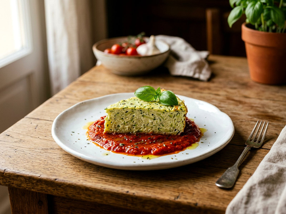 Sformato de courgettes à la ricotta, coulis de poivrons grillés
