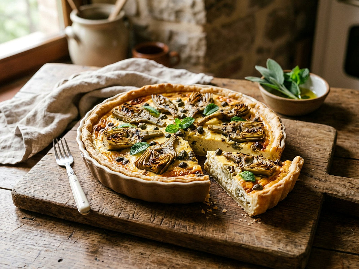 Tarte rustique aux artichauts grillés, ricotta et menthe