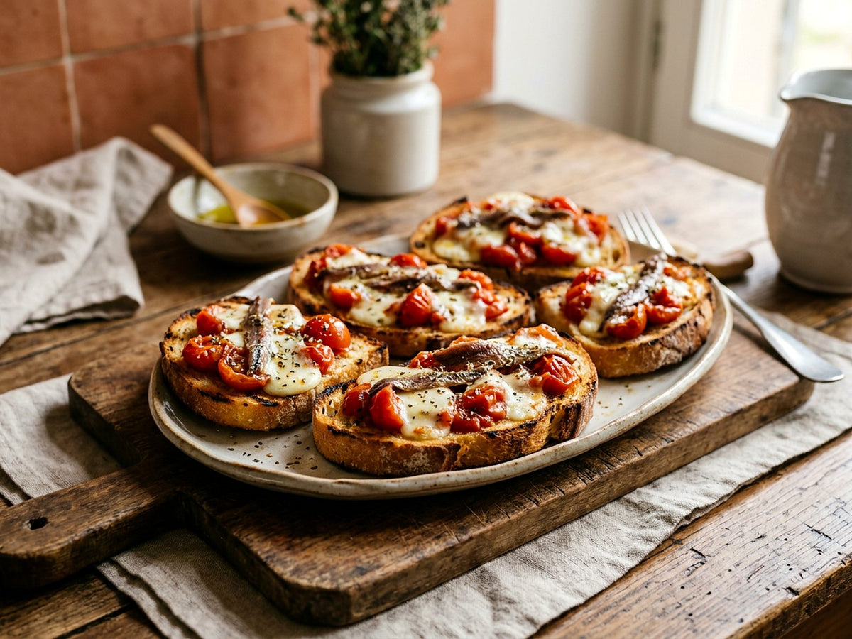 Toasts chauds mozzarella, tomates cerises et anchois à l'origan
