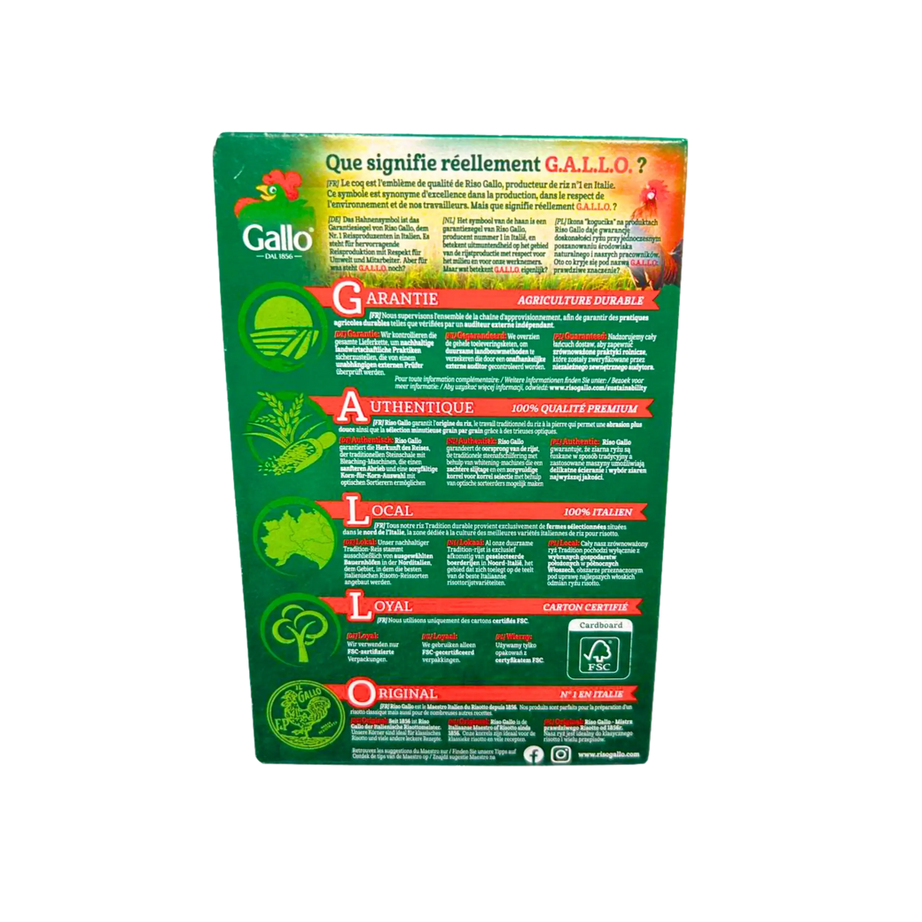 Bild der Rückseite des Risotto-Reis Tradition Gallo BIO 500g mit Nährwertangaben und Anwendungshinweisen.