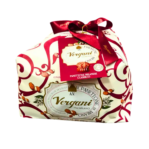 Panettone classique Vergani emballé dans un papier décoratif avec ruban rouge