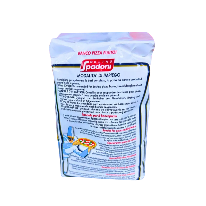 Face arrière du paquet de semoule à pizza Molino Spadoni 1kg, avec conseils d'utilisation multilingues pour un usage professionnel.